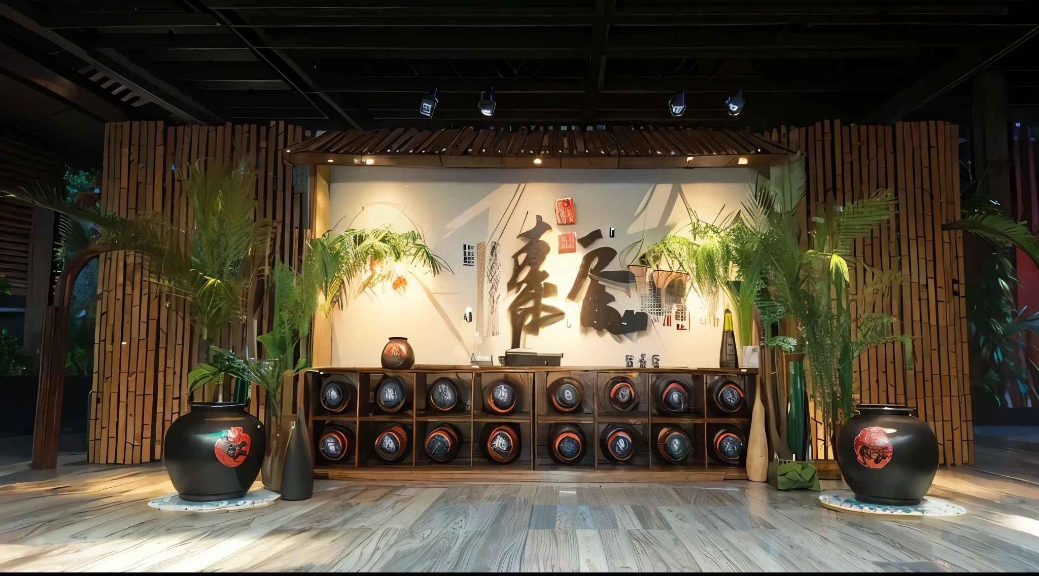 particularly striking sight came into view at this wine launch. A simple display unit was in front of it, with simple wine jars neatly, were carefully, arranged to simulate, Chinese martial, warriors, bamboo forest, scene