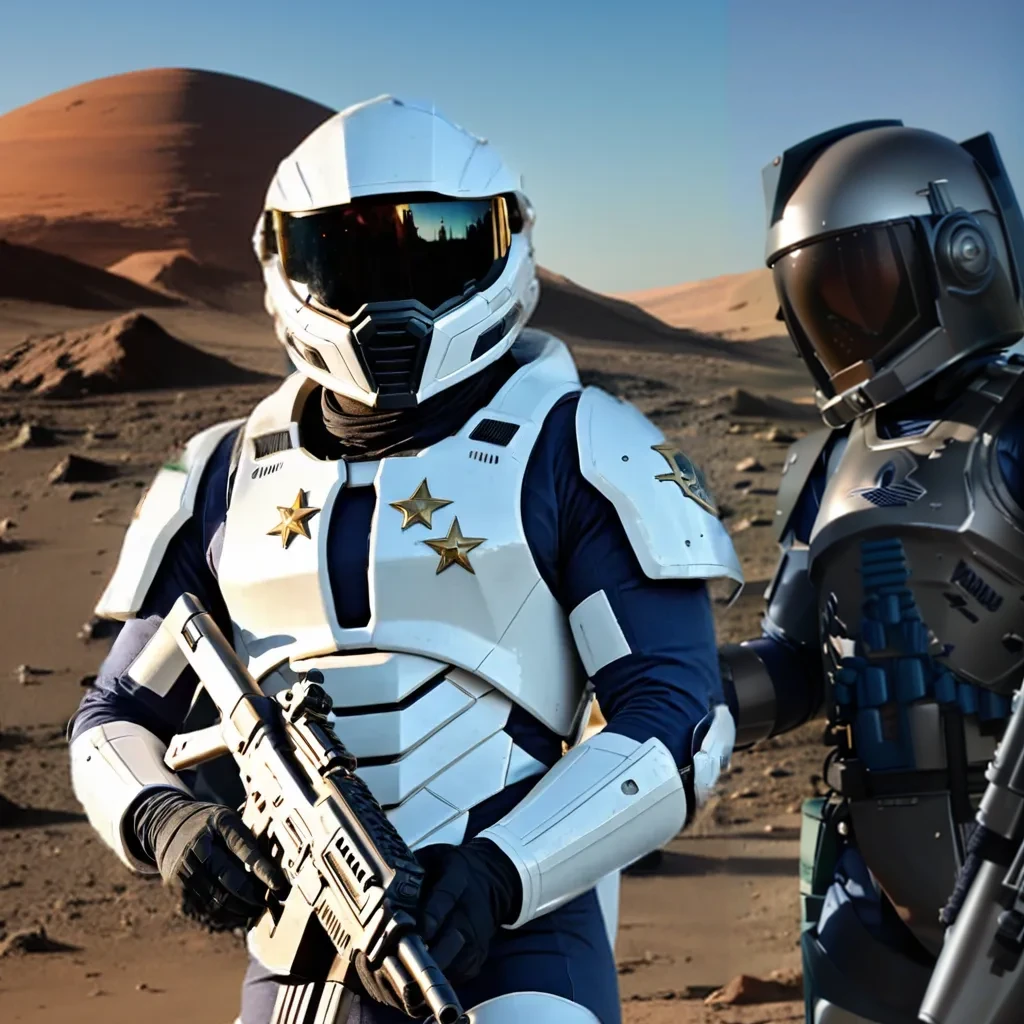 arafed soldier in a white and blue uniform holding a gun, space soldier on mars with a gun, space armor, clothed in sci-fi military armor, sci - fi armour, sci-fi armour, knights templar in a space suit, interstellar space suit, sci-fi armor, sci - fi armor, dusty space suit, wearing shiny stormtrooper armor