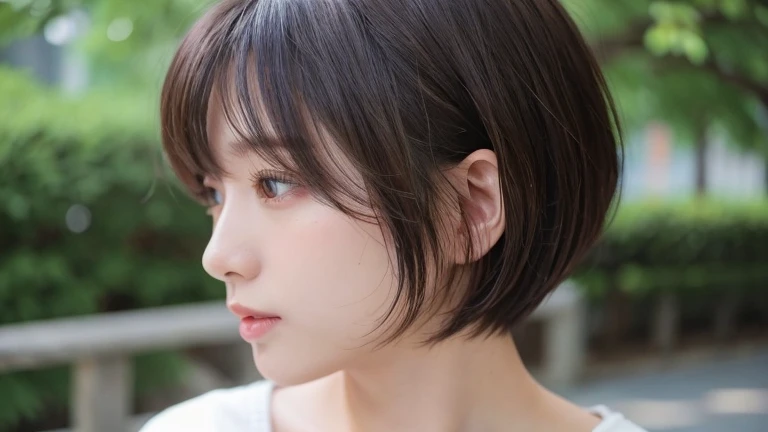 (bob cut hair, profile:1.2),(wearing a blouse:1.2),1 girl,Japanese,21 years old,(small breasts:1.3),(highest quality,masterpiece:1.3,超A high resolution,),(Super detailed,caustics),(Photoreal:1.4,RAW shooting,)ultra-realistic capture,very detailed,High resolution 16K human skin close-up。 natural skin texture、,The pores are、、、、、、、、、Must be detailed enough to be easily identified。 Skin should look even-toned and healthy。 Use natural light and color, sad expression, look at the camera, perfect dynamic composition, outdoor
