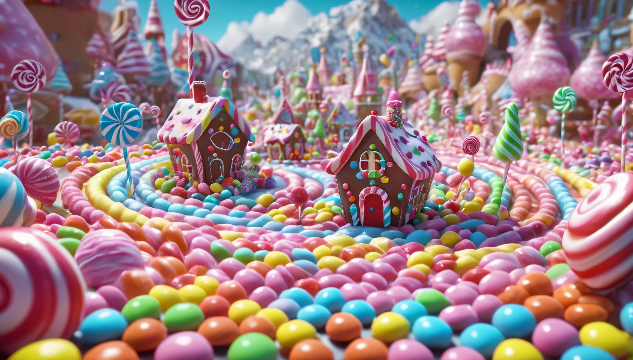 (best quality,4k,8k,highres,masterpiece:1.2), a tiny candyland filled with assortments,  perfect illustration, semi-realism, dynamic pose, ample headroom