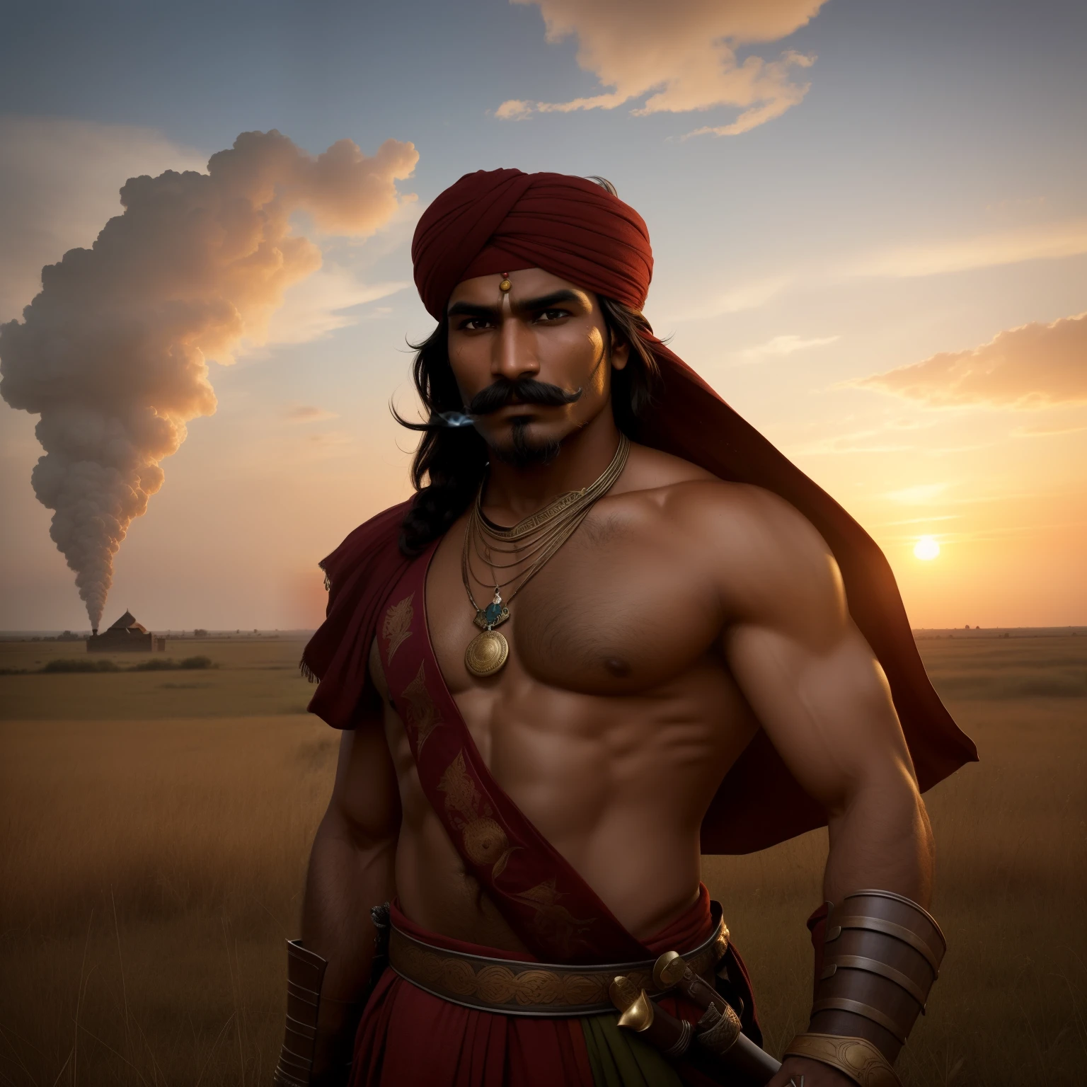 Photo of an Indian warrior from the 1857 Revolution, raw, (_Detailed face:1.2_), (_detailed facial features_), (_finely detailed skin_), (_dark complexion_), (_turbanned head_), (_mustached jaw_), _military uniform_, (_sword in hand_), (_dramatic pose_), (_smoldering eyes_), (_determined expression_), (_in front of the sunset_), _background_: _ruins of a fort_, (_grasslands_), (_clouds of smoke_), _Camera angled low_, (_perfectly proportions_), (_photorealistic_), (_Best Quality
