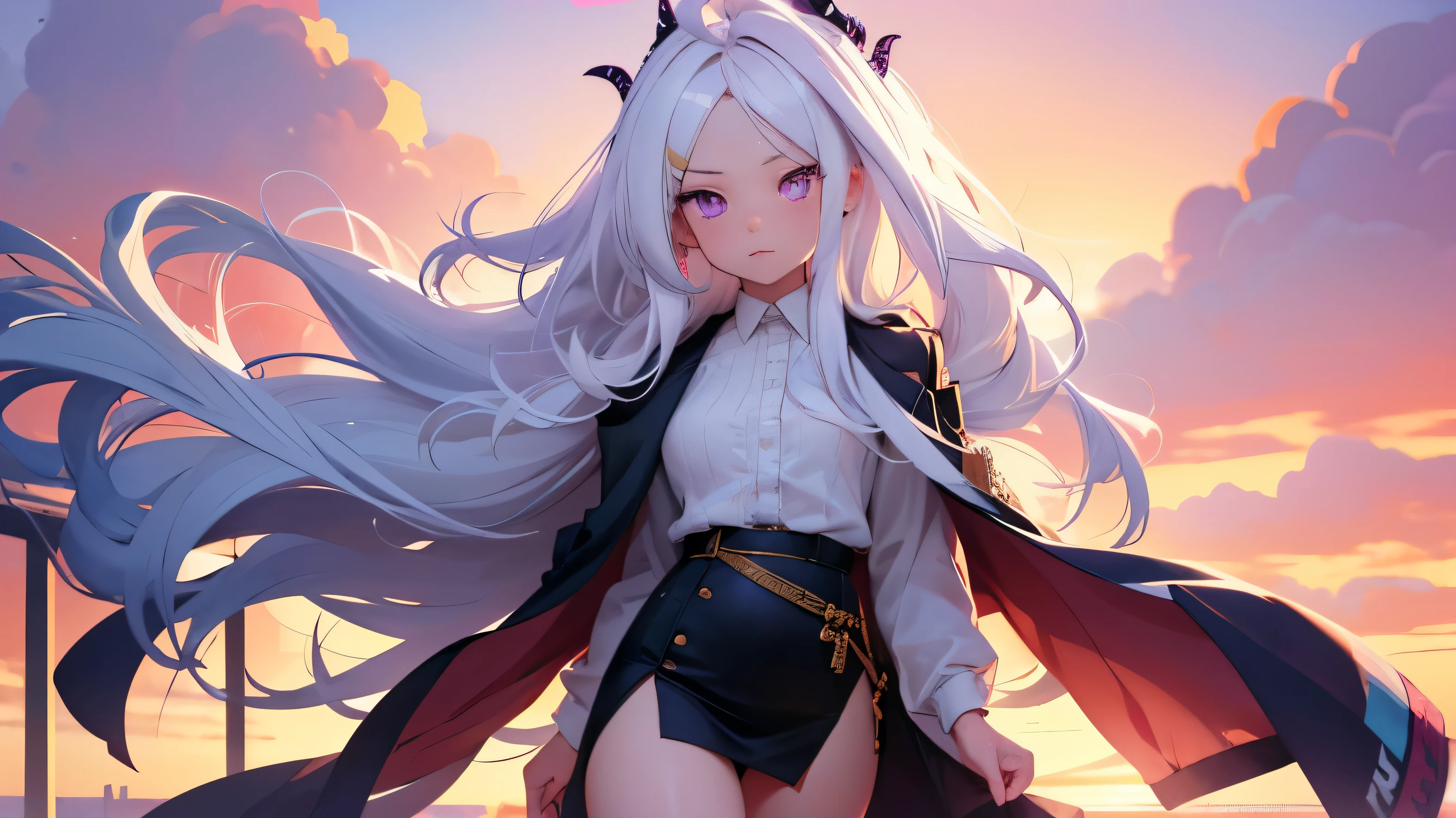 1Girl, hina sorasaki, white hair, purple eyes, forehead, narrow waist, sexy, skinny, cute, flat breasts, walking, facing away, soft light, sunset time