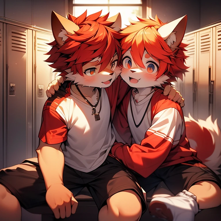 youth,Shota,red hair ,male, sitting, Masterpiece, high resolution,8K,Detailed background,high quality, boys,looking at the audience,perspective,View from the front,shorter pants,male焦点,Wolf's facial features,character boy,Wearing a necklace,locker room,sweating,Football clothing,Long white socks