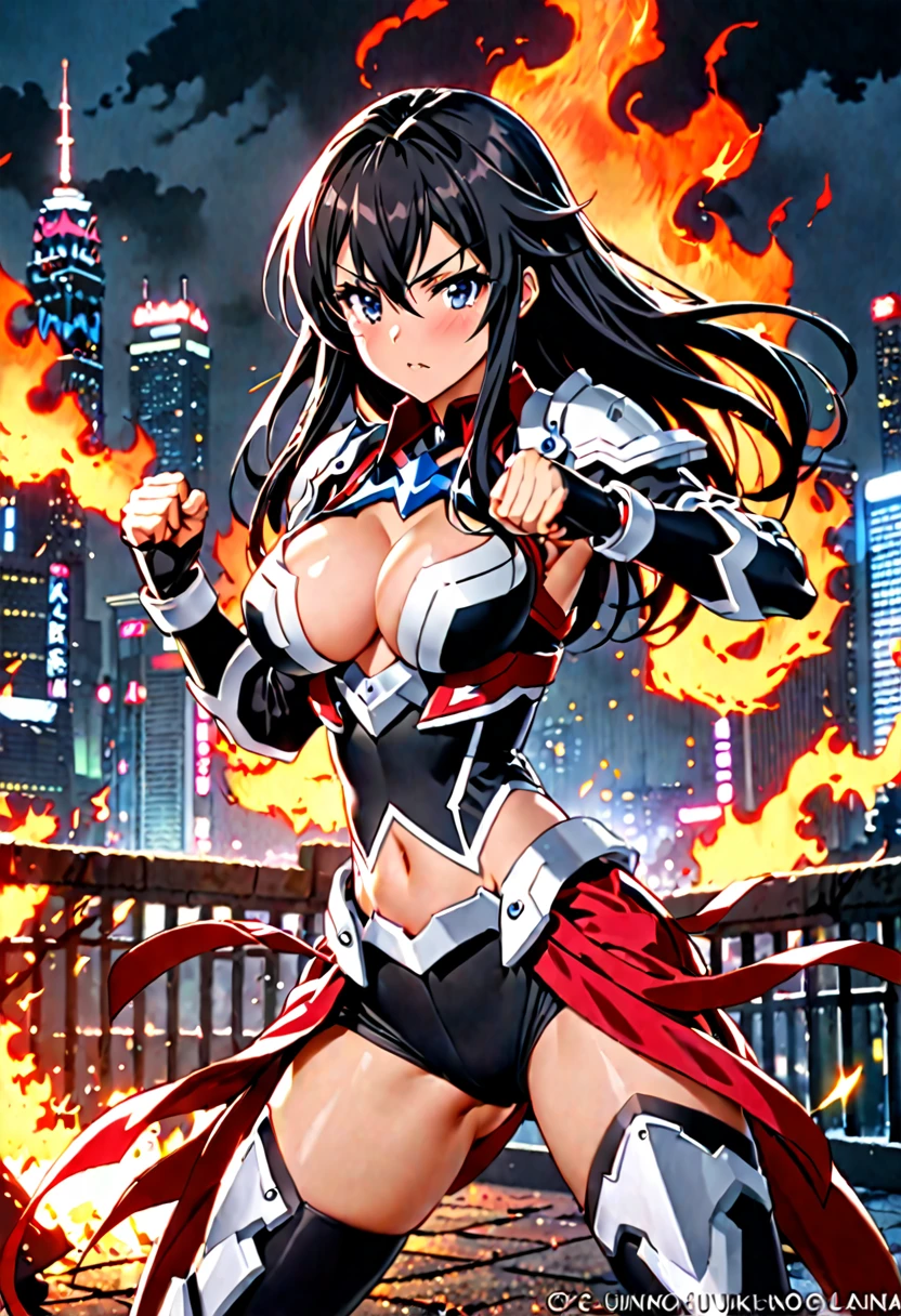 ((highest quality)), ((masterpiece)), (get used to it), perfect face, Japanese with shoulder-length black hair、Breasts are F cup、outstanding style、28 year old female。she、Gungnir from Senki Zesshou Symphogear、tachibana Wearing Hibiki's armor。 The right fist is thrust forward like a karate kata.、left hand on waist。The background is、a city engulfed in flames, Like a Hong Kong movie。night
