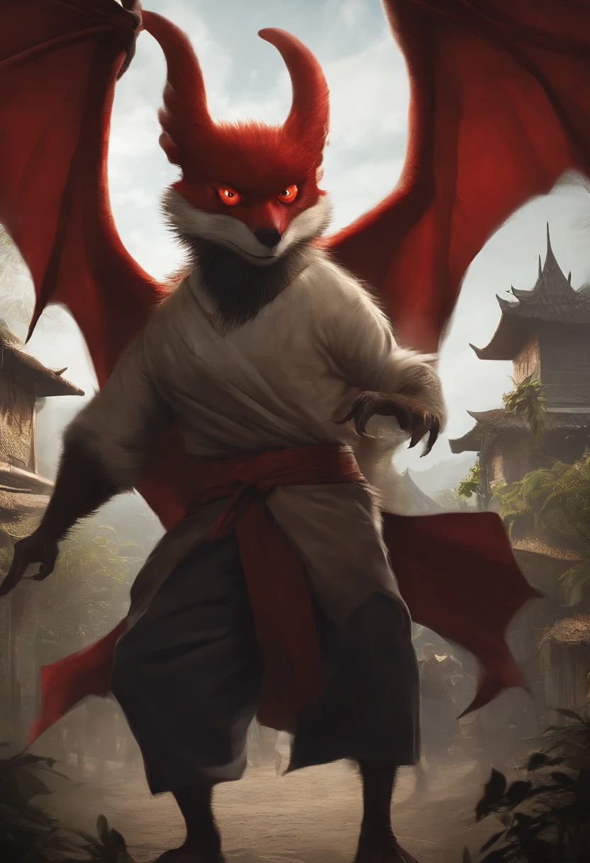 A detailed fight in a Filipino Barrio filled with Kubo made of small houses with bamboo barricades. A fight between filipino barrio people wearing white long sleeve shirts and holding big knives to attack daguit creature who would emerge from the shadows to capture innocent souls. Daguits are monsters in the dark that forms as black bats in the sky with red eyes and has two flapping wings to capture innocent souls.
