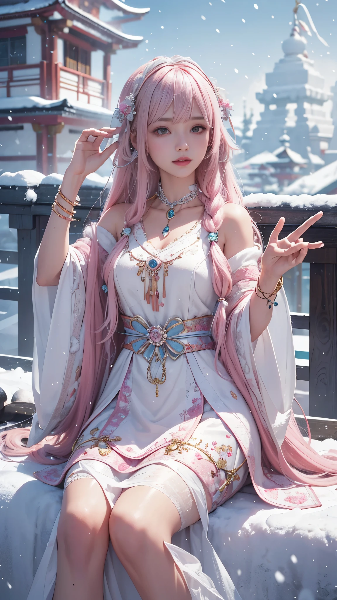Works of masters,Best image quality,ultra high resolution,8K resolution,Sitting,solo person,femele,ssmile,long whitr hair,Pink hair,crossed bangs,Wave head,Bracelet,Collar,pendant,Lolita costume,snowflower,Winters,Temple,New Year,Opal rendering,Cinematic lighting,(Falling snow,cloaks),