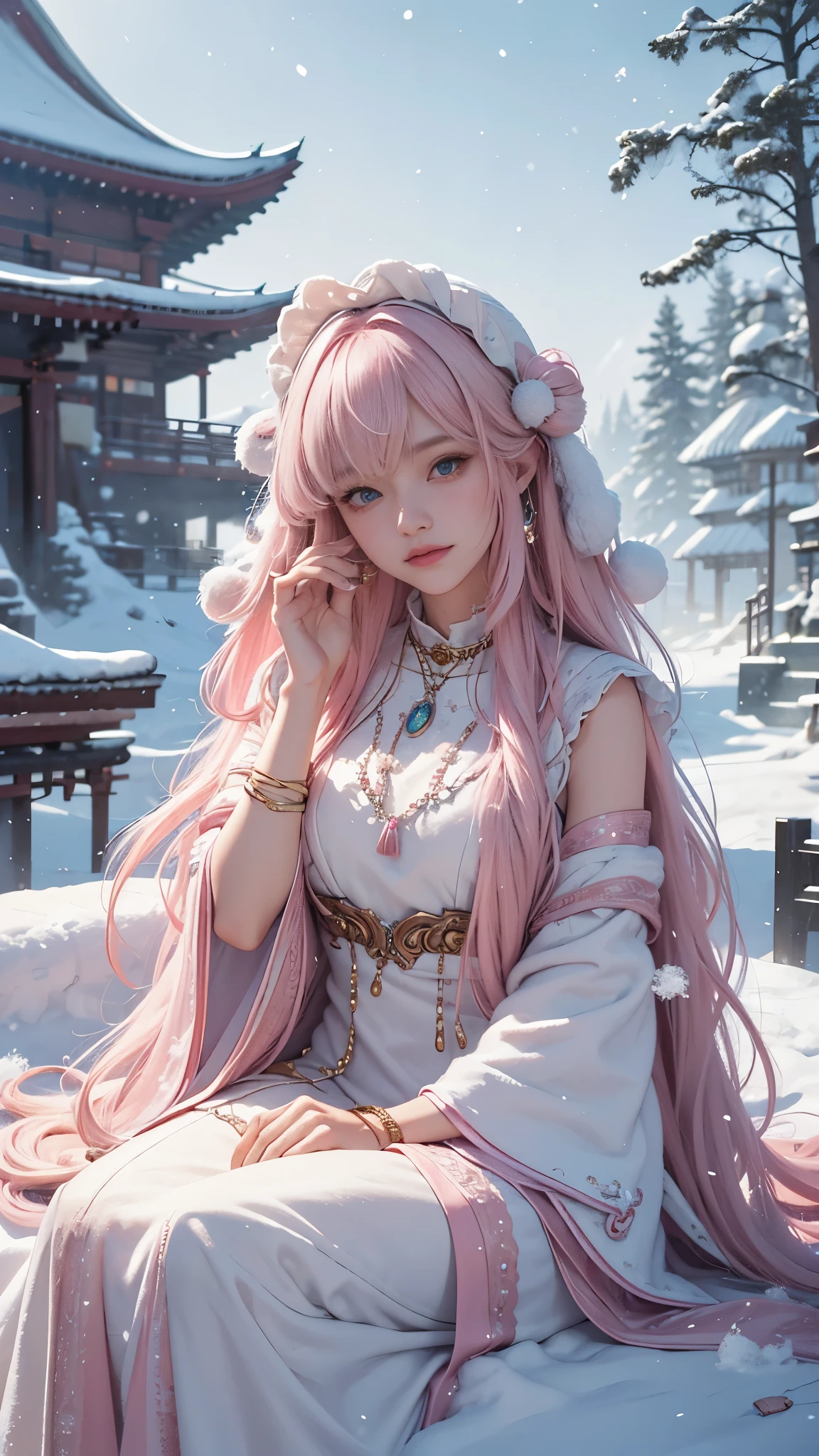 Works of masters,Best image quality,ultra high resolution,8K resolution,Sitting,solo person,femele,ssmile,long whitr hair,Pink hair,crossed bangs,Wave head,Bracelet,Collar,pendant,ta costume,snowflower,Winters,Temple,New Year,Opal rendering,Cinematic lighting,(Falling snow,cloaks),
