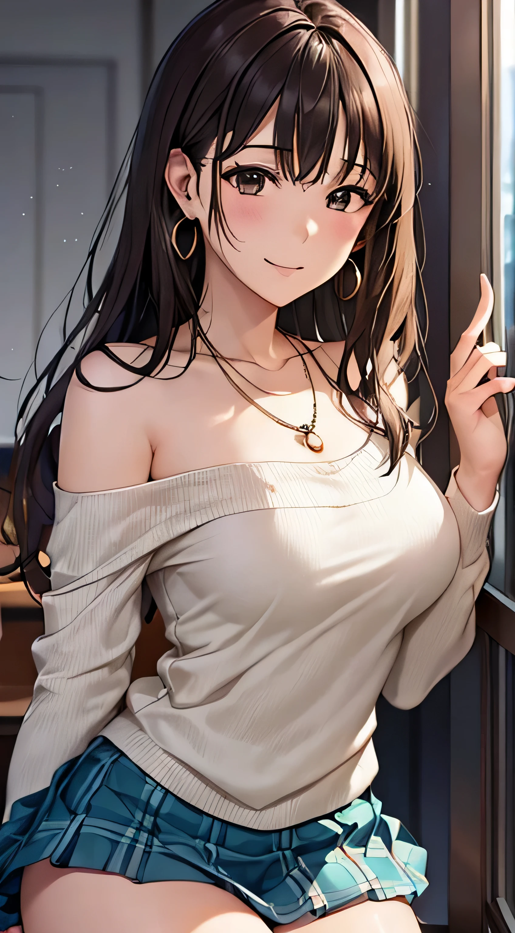 (table top, highest quality, High resolution, , perfect pixel, 4k,), 1 girl, single, alone, Beautiful woman、I could see the whole body、 ((Wavy mid-hair, bangs, brown hair)), ((brown eyes, beautiful eyelashes, realistic eyes)), ((detailed face, blush:1.2)), ((smooth texture:0.75, realistic texture:0.65, realistic:1.1, Anime CG style)), medium breasts, dynamic angle, perfect body, ((, female teacher, , earrings、necklace、beige off shoulder sweater、Long pleated skirt、black knee high stockings、pink lace panties、shy smile、Lift up your skirt and show your panties)), Upper 、、、evening、、Bring your arms together to emphasize your chest、Hold the necklace between your chest、(、()、angle from below)、