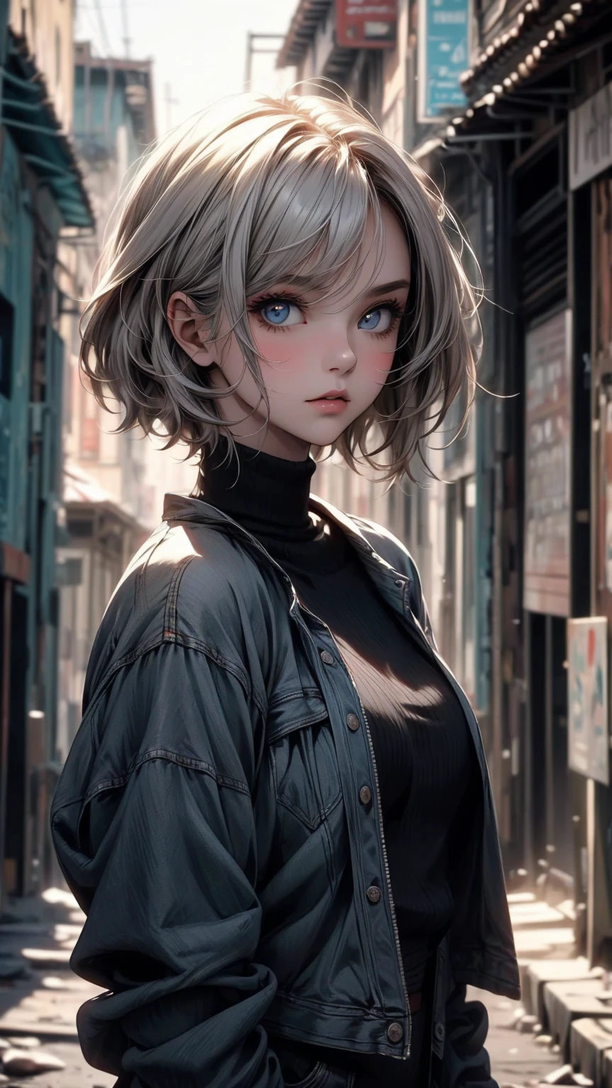 (masterpiece, High resolution, highest quality), ((20 year old woman, Composition from head to stomach, Upper body focus)), fashion pose, detailed eyes, Avant-garde makeup, messy short hair:1.2, ash gray hair, grunge fashion, blurred background, The deserted backstreets of Cuba:1.3, cinematic lighting, anime style, simple lines, digital painting,