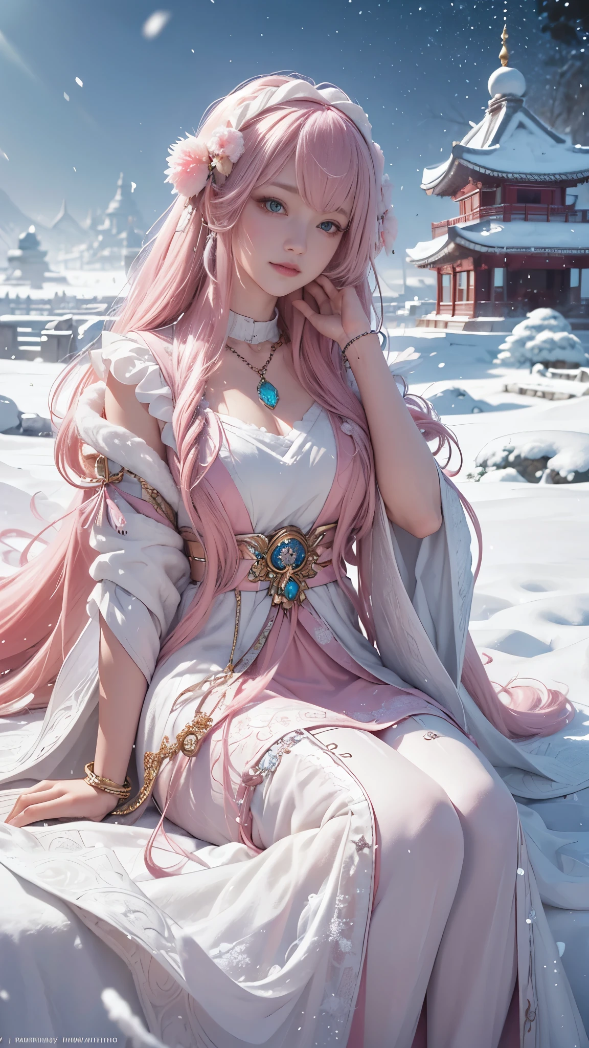 Works of masters，Best image quality，ultra high resolution，8K resolution，Sitting，solo person，femele，ssmile，long whitr hair，Pink hair，crossed bangs，Wave head，Bracelet，Collar，pendant，Lolita costume，snowflower，Winters，Temple，New Year，Opal rendering，Cinematic lighting，(Falling snow，cloaks)，