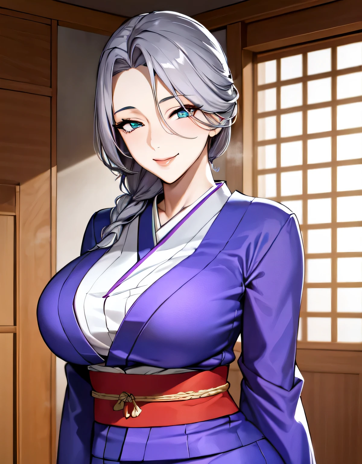 (large breasts:1.5),(shiny hair),((solo)),((masterpiece)),((best quality)),perfect anatomy,slim waist,perfect image,8k UHD,(beautiful detailed eyes:1.5),extremely detailed face,standing,(upper body:1.2),(look at the front:1.5),arms behindback,ultra-detailed,absurdres,highres,indoor room,(gray hair),(forehead:1.1),semi-long hair,kimono,(Purple kimono:1.2),((sensitive smile)),sexy mature women,30 yeals-old,mature women,