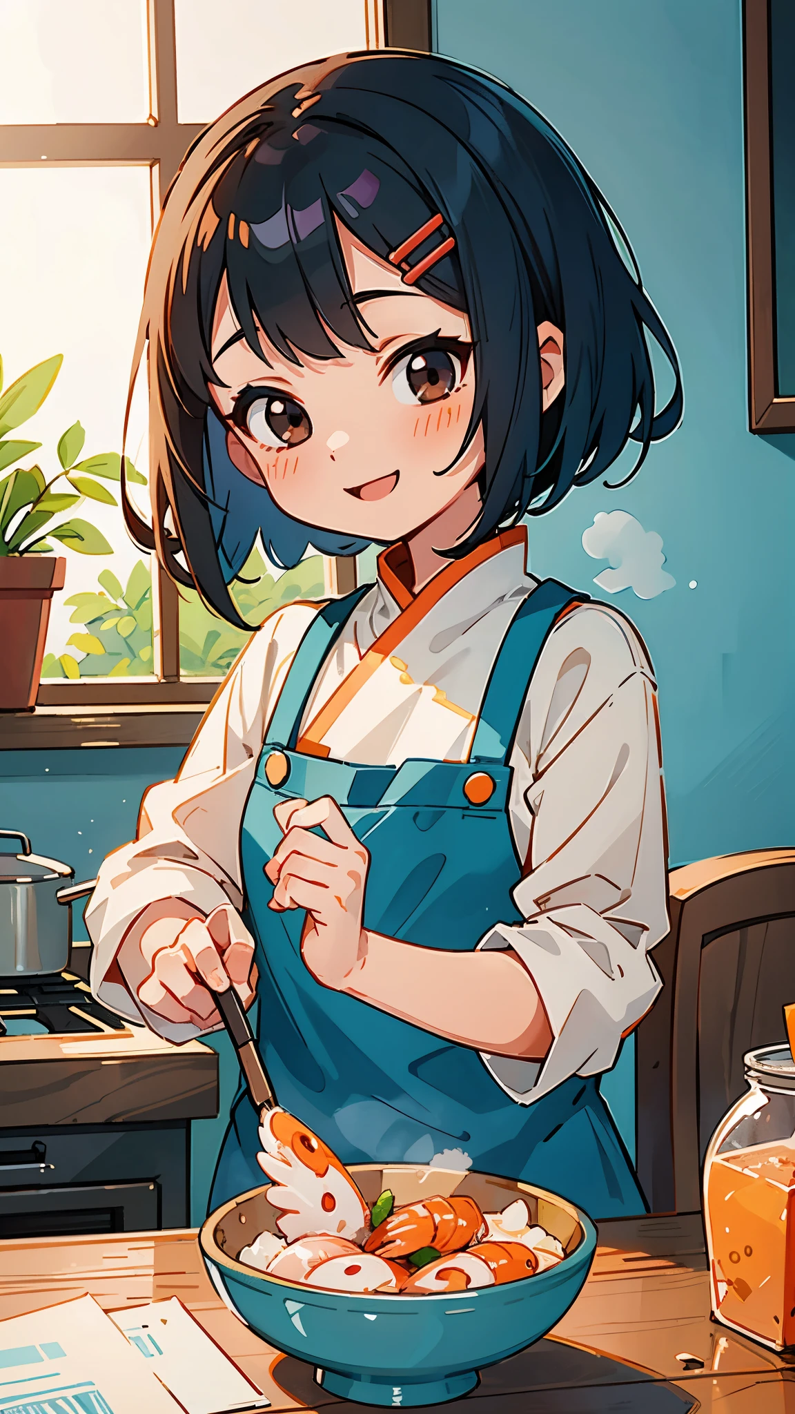 1 girl、anime painting、Cute shrimp woman cooking delicious food in the kitchen、Beautiful brown and jet black eyes、light blue hair、bob hairstyle、Orange hair clip、smile、fun、sharp outline