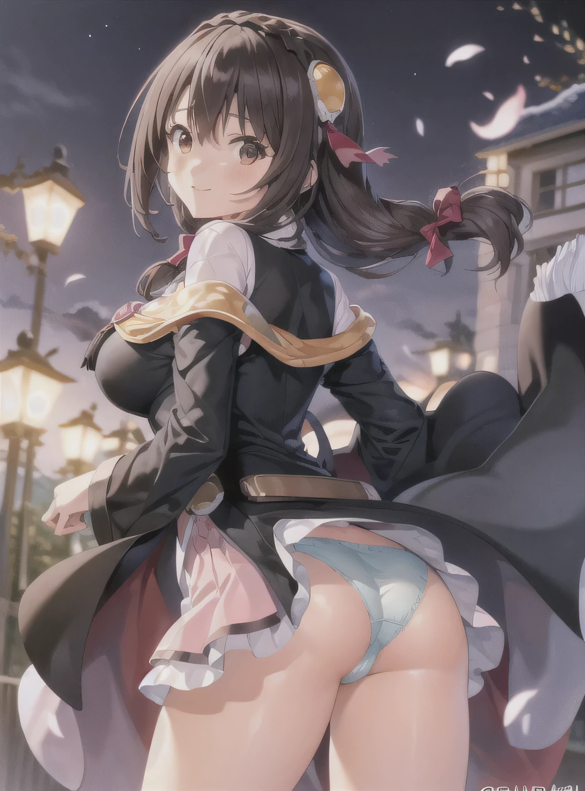 back view, stick out one's butt, Show panties, colorful, 1 girl,at the park, night view, evening,joy,origin,(beautiful face),(realistic face, perfect eyes,1.1),analog style,RAW,real life photo,medium quality,normal aesthetic,break,1girl,(japanese girl:1.1),(round face:1.3),break,(intricate underwear),(masterpiece, highest quality, 16K), delicate, Detailed, Sharp, 1 girl, Yunyun,long hair,Braid,twin tails,hair between eyes,hair ribbon,hair ornaments,big breasts,(cape:1.2),tie,shirt,pink shirt,long sleeve,belt,pink skirt,pantyhose,loafers,brown footwear, big breasts, blush, smile, looking at the viewer, ((A 1990s-style painting:1.3)), skirt lift, panties, impressionism, professional lighting