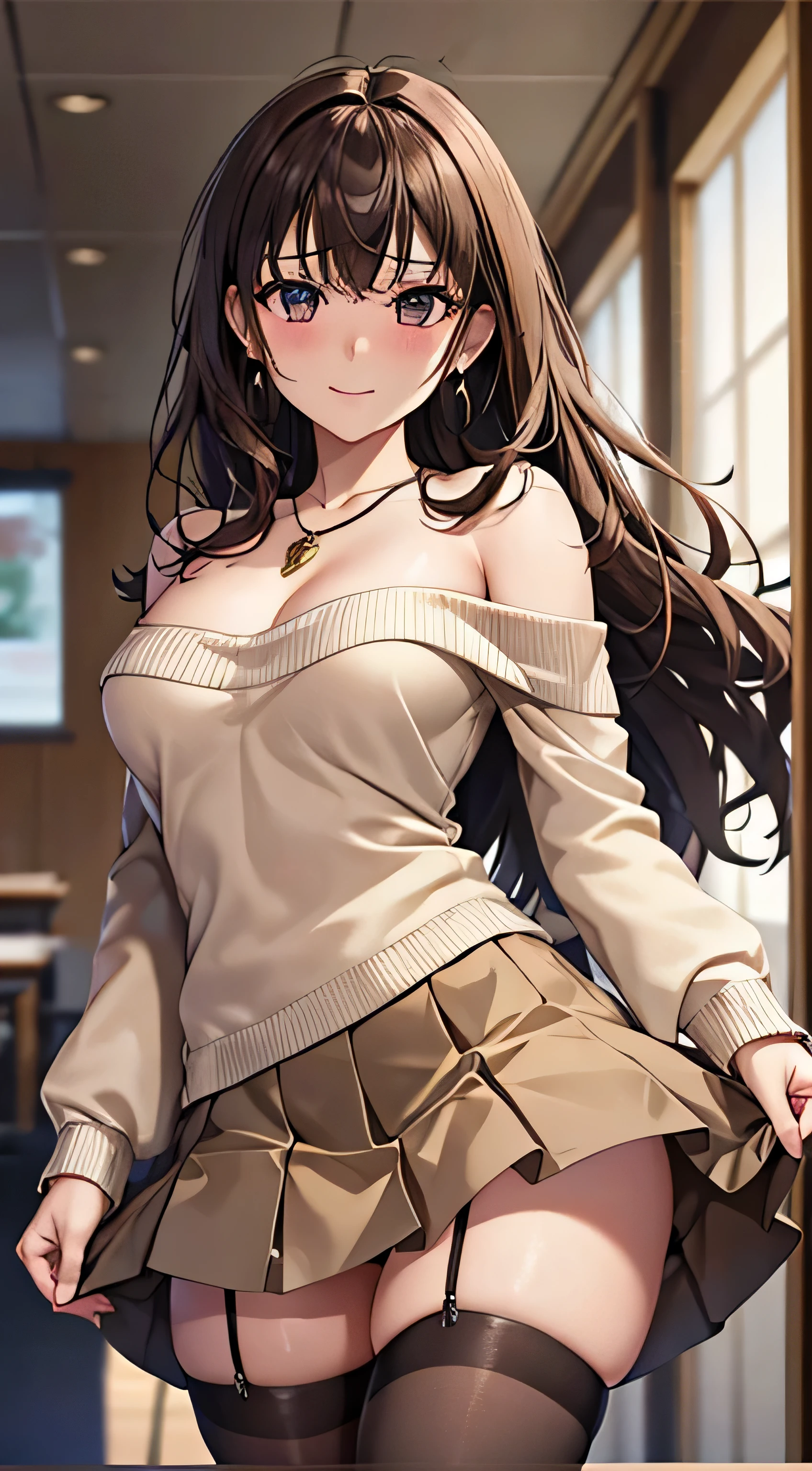 (table top, highest quality, High resolution, , perfect pixel, 4k,), 1 girl, single, alone, Beautiful woman、I could see the whole body、 ((Wavy mid-hair, bangs, brown hair)), ((brown eyes, beautiful eyelashes, realistic eyes)), ((detailed face, blush:1.2)), ((smooth texture:0.75, realistic texture:0.65, realistic:1.1, Anime CG style)), medium breasts, dynamic angle, perfect body, ((, female teacher, , earrings、necklace、beige off shoulder sweater、Long pleated skirt、black knee high stockings、pink lace panties、shy smile、Lift up your skirt and show your panties)), Upper grade、、、evening、、Bring your arms together to emphasize your chest、Hold the necklace between your chest、(、()、angle from below)、