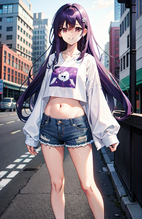 1 girl, long purple hair, white jacket, short jeans, shorts, crop top, city road, permanent, (masterpiece:1.2), high resolution, best quality, 8K, sexy pose, blush, Shy, Smile, V-neck shirt, Show Middle , beat, socks, very shorts,Pregnant