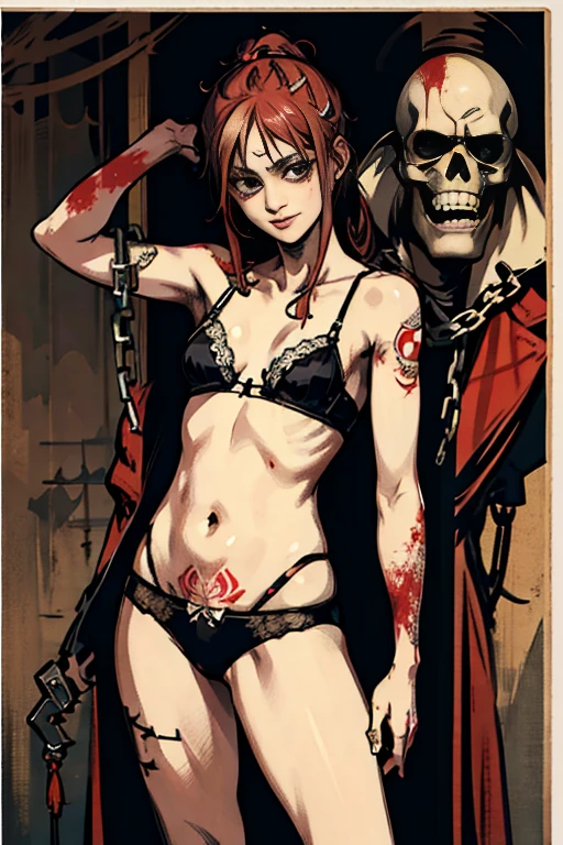 highest quality, High resolution,(A frame made up of chains and skulls),zombie girl、A bloody chainsaw、Splattering blood、amusement park、small eyes、small , Mr.々colored hair, realistic, masterpiece, super detailed, 8K, epic 、cute underwear、tattoo