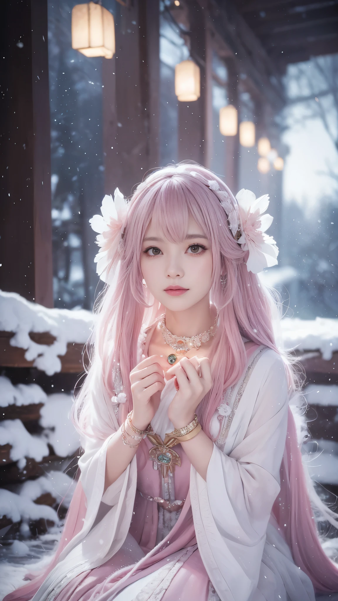 Works of masters,Best image quality,ultra high resolution,8K resolution,Sitting,solo person,femele,ssmile,long whitr hair,Pink hair,crossed bangs,Wave head,Bracelet,Collar,pendant,Lolita costume,snowflower,Winters,Temple,New Year,Opal rendering,Cinematic lighting,(Falling snow,cloaks),