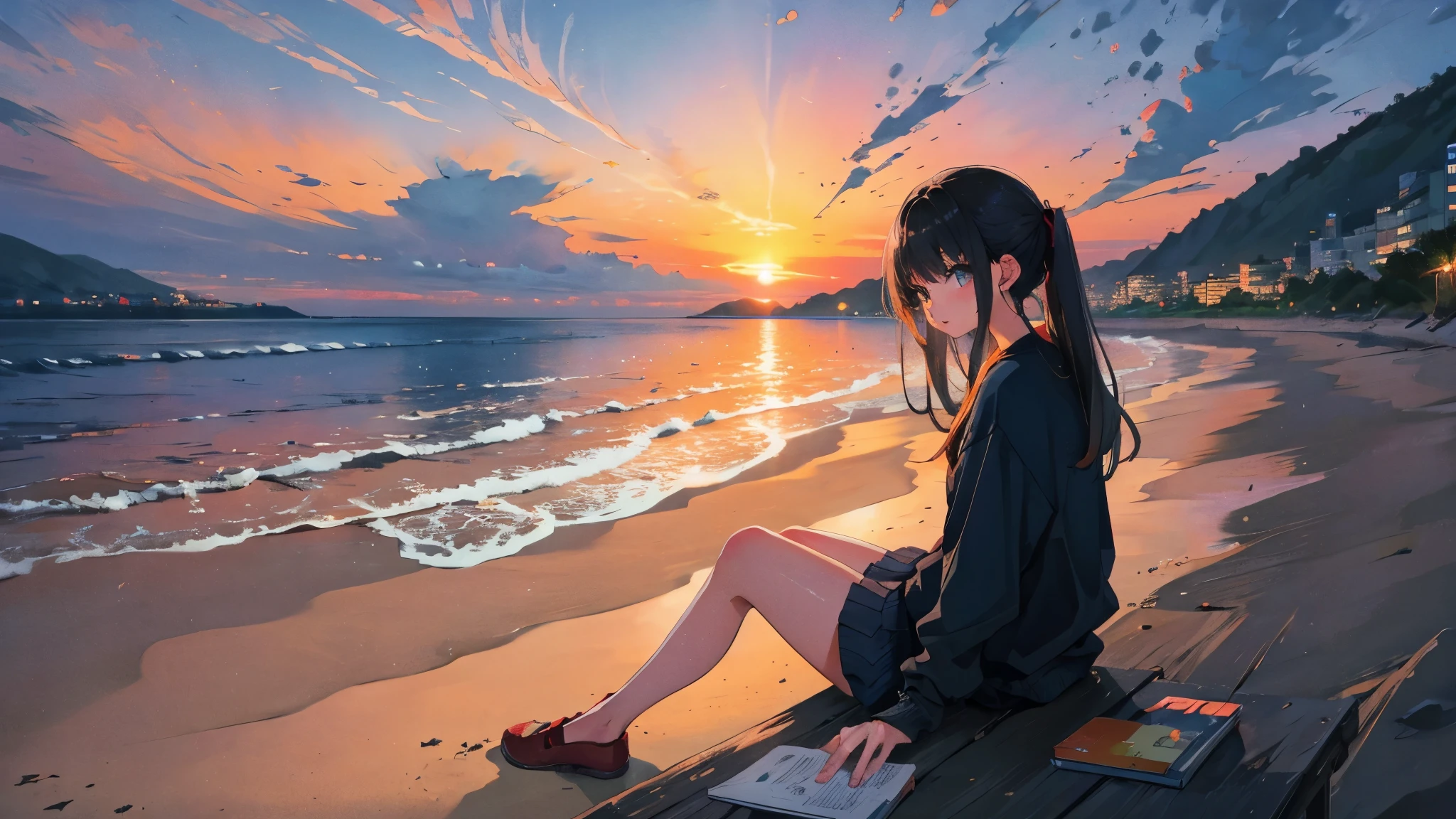 highest quality,Girl sitting on the beach,Watch the sunrise and sunset、long black hair、night