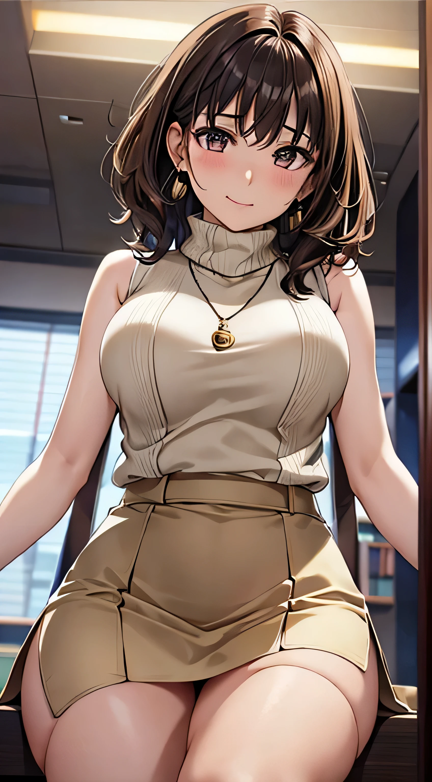 (table top, highest quality, High resolution, , perfect pixel, 4k,), 1 girl, single, alone, Beautiful woman、I could see the whole body、 ((wavy short hair, bangs, brown hair)), ((brown eyes, beautiful eyelashes, realistic eyes)), ((detailed face, blush:1.2)), ((smooth texture:0.75, realistic texture:0.65, realistic:1.1, Anime CG style)), medium breasts, dynamic angle, perfect body, ((, female teacher, , earrings、necklace、((Beige turtleneck sleeveless sweater))、Long flared skirt in dark blue、black knee high stockings、open both legs wide、、shy smile、sit at the desk in the library、lift up the skirt with both hands)), Upper 、、、evening、、(Pink lace panties are visible、、、angle from below)、