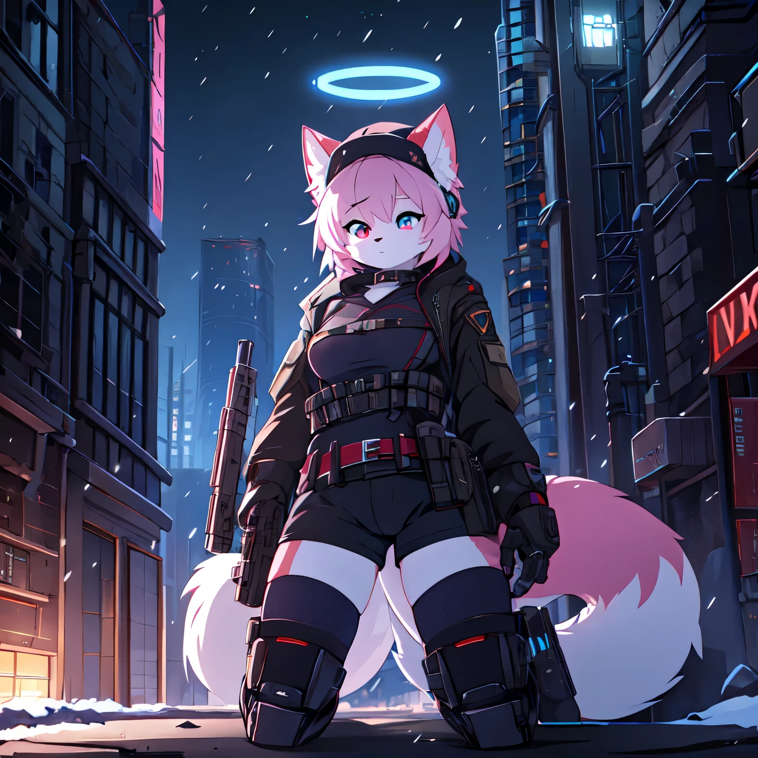 Kawaii, pink striped Fluffy Fox, Pink hair, left eye is red, right eye is blue, heterochromia, Solo, body fur, on the night deserted city with ruins and snowing followed Cold weather, synthetic tissue skin, cybernetic prosthetics, cybernetical servo prosthetic legs, digital headphone with HUD, mech suit, mech body parts, cybernetical prosthetic arms, over-sized long blouse with ribbons, thigh-high-socks, shorts, Grey long Sleeve loose Military hood jacket, tactical gun holsters in thigh, Mechanical boots, only one fluffy tail, metallic knee pads, tactical belted loose Arm Sleeves, Digital Screened gloves, chest rigs, tactical belts, Blue archive halo, Submachine Gun holded on left hand, bulletproof goggles, respirator on the neck, baseball cap,