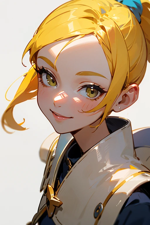 a close up of a pixel, animationcharacter,women cleric,face close up,lemon haircolor,smile,ponytail hairstyle
