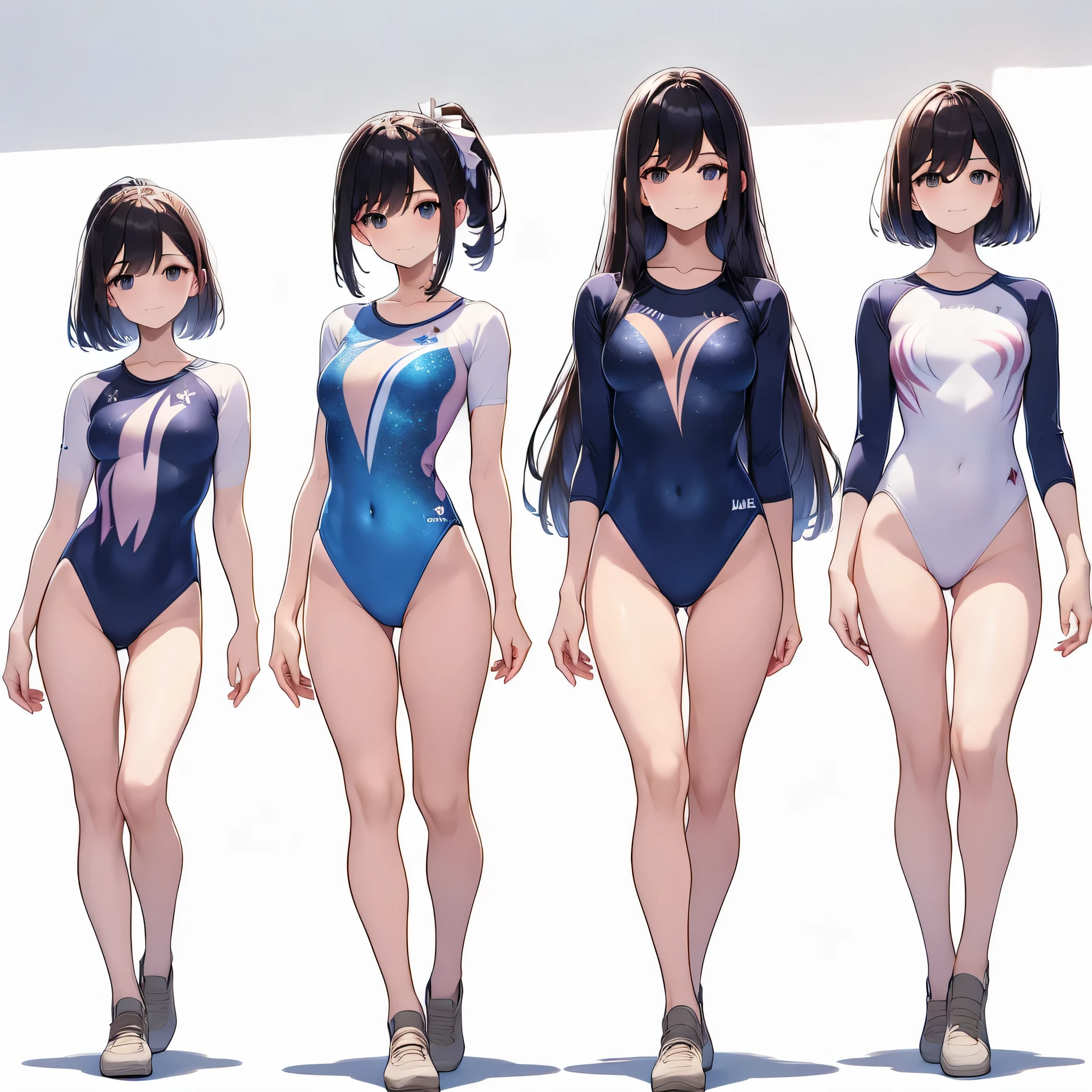 ((full body)),(masterpiece, best quality), (3 girls1.5) ,((Contrapposto:1.5)), looking at viewer, walking,((v_arms:1.2)), （wearing gymnastics_longsleeves_leotard_outfit leotard:1.3),(blue leotard) ,(galaxy print:1.3), BREAK masterpiece black hair, ((long hair:1.2)), ((parted bangs:1.3)), black eyes, good hand, ((small breasts)), (over 20 years old, under 25 years old:1.2), , spotlight, happy, smile, BREAK in the class room