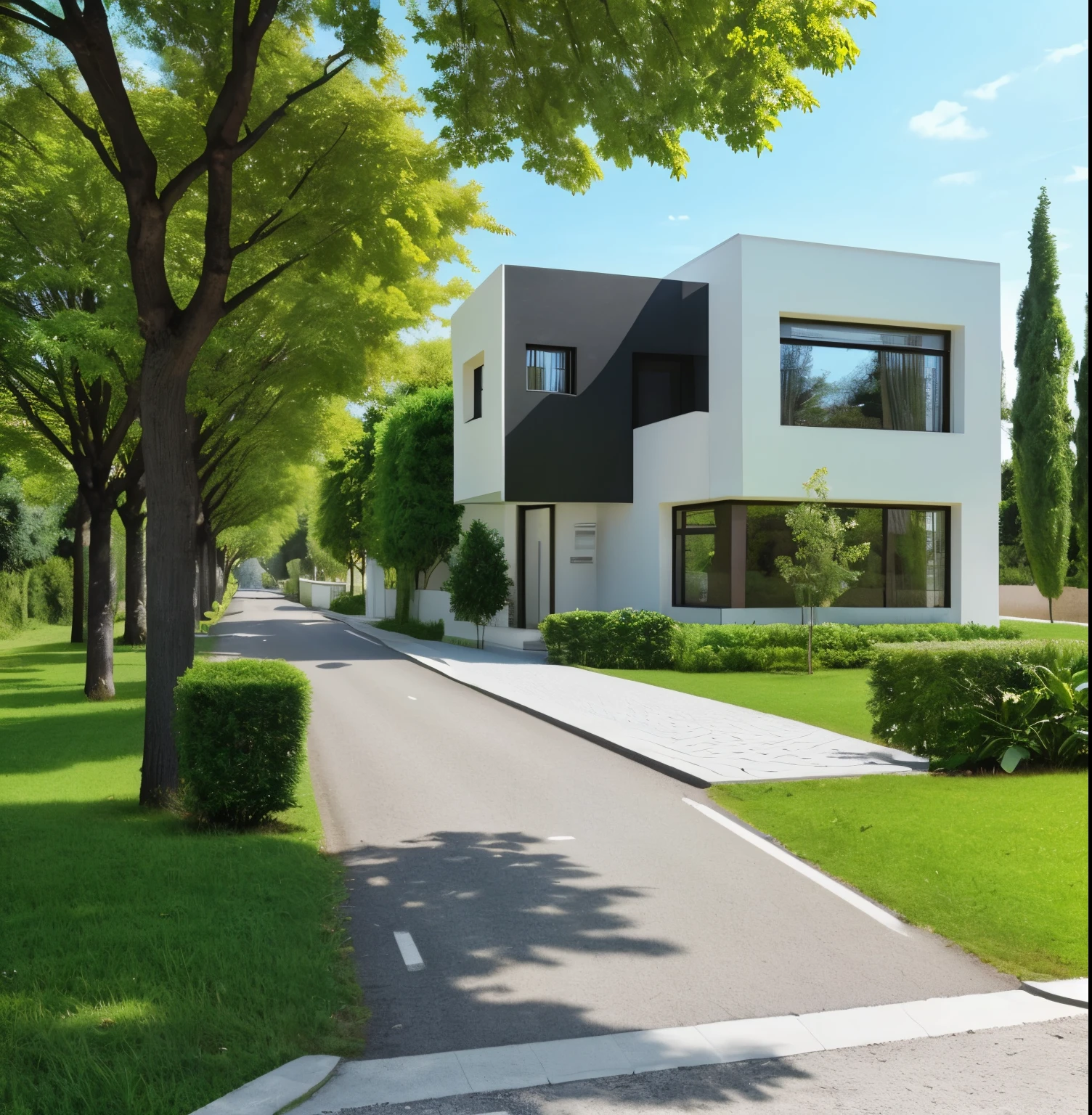 Modern city villa, trees, light, road.