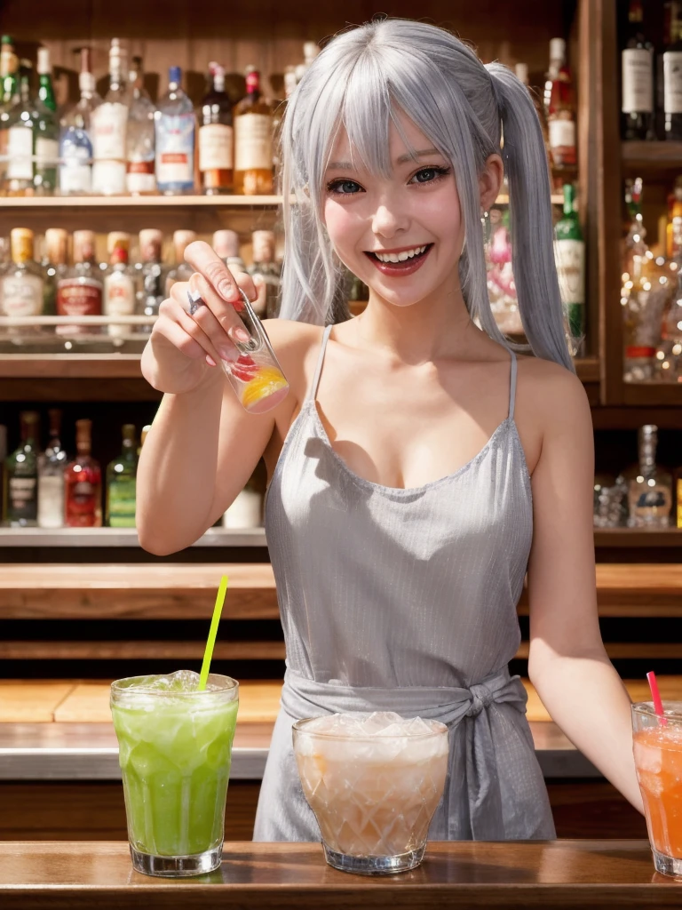 (Female bartender serving beautiful cocktails at dimly lit bar counter,),(( White and black bartender uniform,))、Japan Idol Girl、A smile、(Reddish brown straight bob cut hair、hair pin)、huge-breasted、(((Pour the ice cubes into a shiny glass container,、Enjoy a colorful blue cocktail inspired by summer,))),Beautiful fingers,Beautiful fingertips,gazing at viewer、