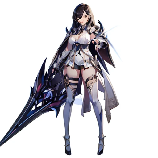 (((Best Quality))) , ((full body)), female, reference sheet, solo, (white background), holding weapon, white cloak, gauntlets, holding shield, dark hair,