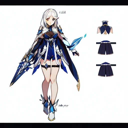 (((Best Quality))) , ((full body)), female, multiple views, (white background), holding weapon, white cloak, gauntlets, holding shield,