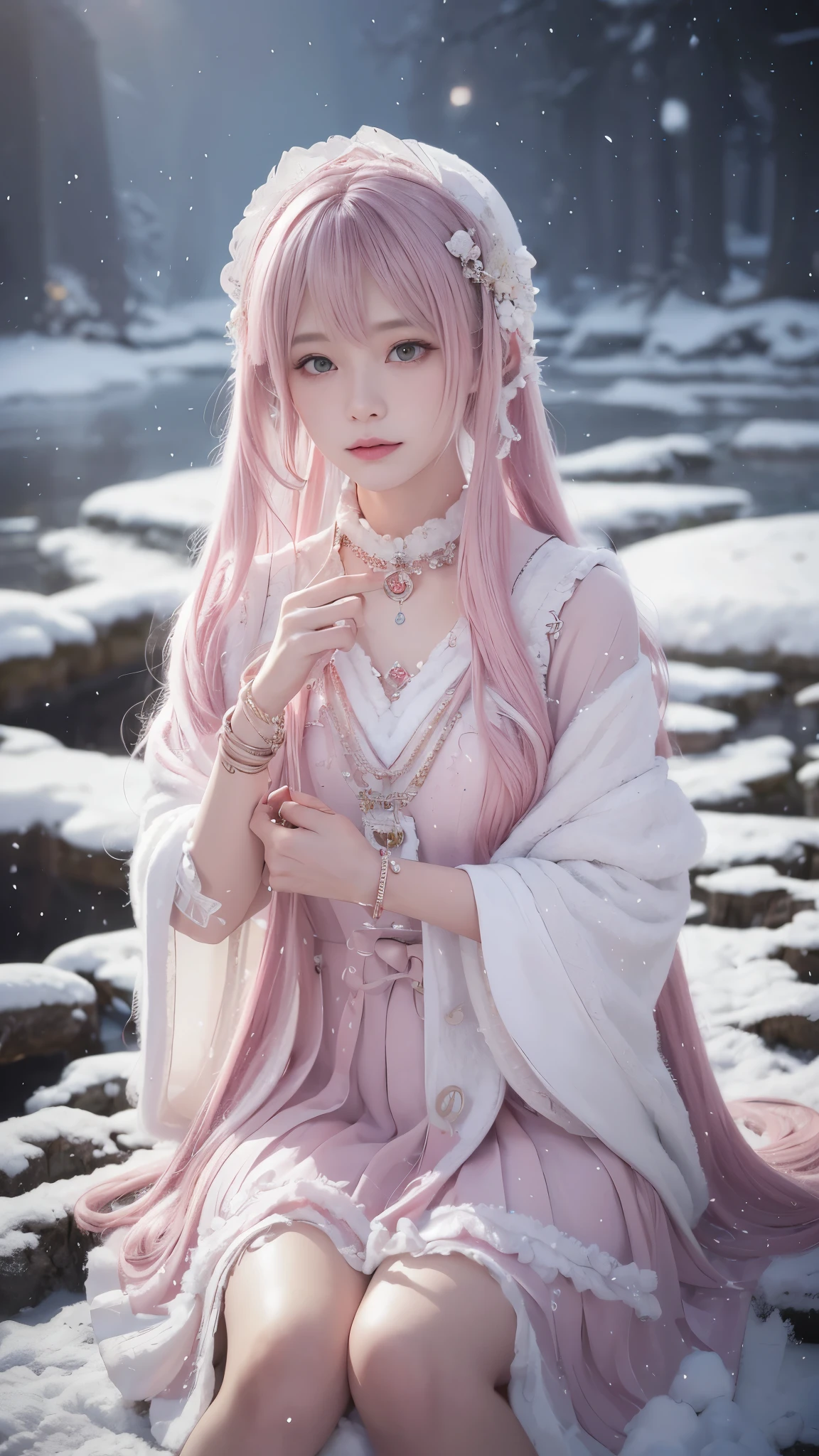 Works of masters，Best image quality，ultra high resolution，8K resolution，Sitting，solo person，femele，ssmile，long whitr hair，Pink hair，crossed bangs，Wave head，Bracelet，Collar，pendant，Lolita costume，snowflower，Winters，Temple，New Year，Opal rendering，Cinematic lighting，(Falling snow，cloaks)，