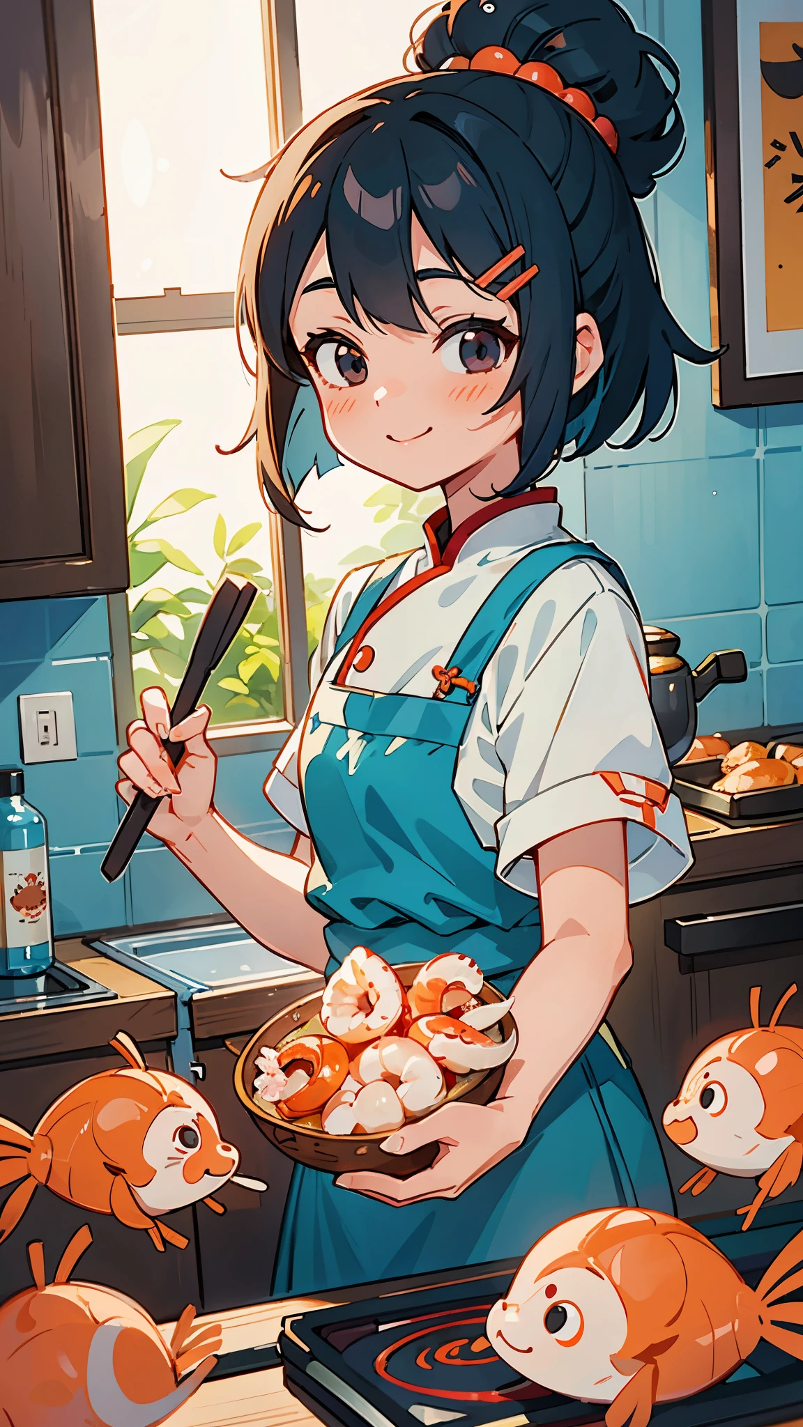 1 girl、anime painting、Cute shrimp woman cooking delicious food in the kitchen、Beautiful brown and jet black eyes、light blue hair、bob hairstyle、Orange hair clip、Black chignon、smile、fun、sharp outline