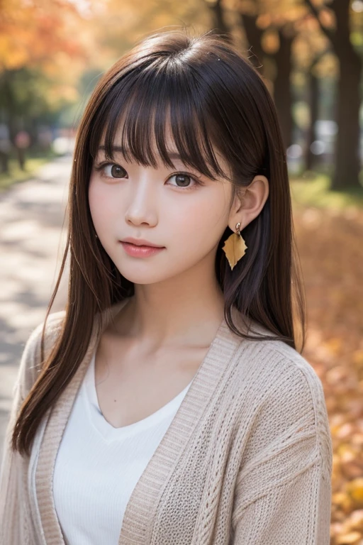 one girl, (a beauty girl, Delicate girl:1.3), (13 years old:1.3),
break, (Tree-lined avenue in autumn:1.2), (cardigan:1.2),
break, very fine resolution, (symmetrical eyes:1.3),
break, small breasts, brown eyes, parted bangs, brown hair, girl,
break, (Eye and face details:1.0), (get closer to the face, zoom in on the face, face focus:1.0),
break, (masterpiece, highest quality, super detailed, detailed face, 8K)、From above、earrings、hair blowing in the wind、blush your cheeks、embarrassed expression、I'm embarrassed、high angle、super realistic photos、Ginkgo leaves on my head