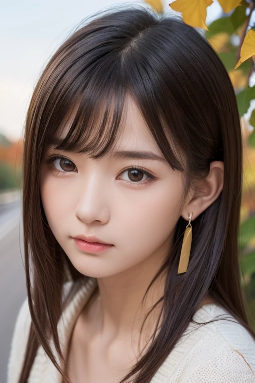 one girl, (a beauty girl, Delicate girl:1.3), (13 years old:1.3),
break, (Tree-lined avenue in autumn:1.2), (cardigan:1.2),
break, very fine resolution, (symmetrical eyes:1.3),
break, small , brown eyes, parted bangs, brown hair,  girl,
break, (Eye and face details:1.0), (get closer to the face, zoom in on the face, face focus:1.0),
break, (masterpiece, highest quality, super detailed, detailed face, 8K)、From above、earrings、hair blowing in the wind、blush your cheeks、embarrassed expression、I'm embarrassed、high angle、super realistic photos、Ginkgo leaves on my head