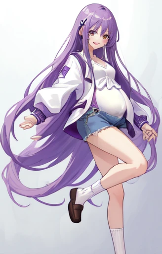 1 girl, long purple hair, white jacket, short jeans, (masterpiece:1.2), high resolution, best quality, 8K, sexy pose, Smile, V-neck shirt, socks, Pregnant