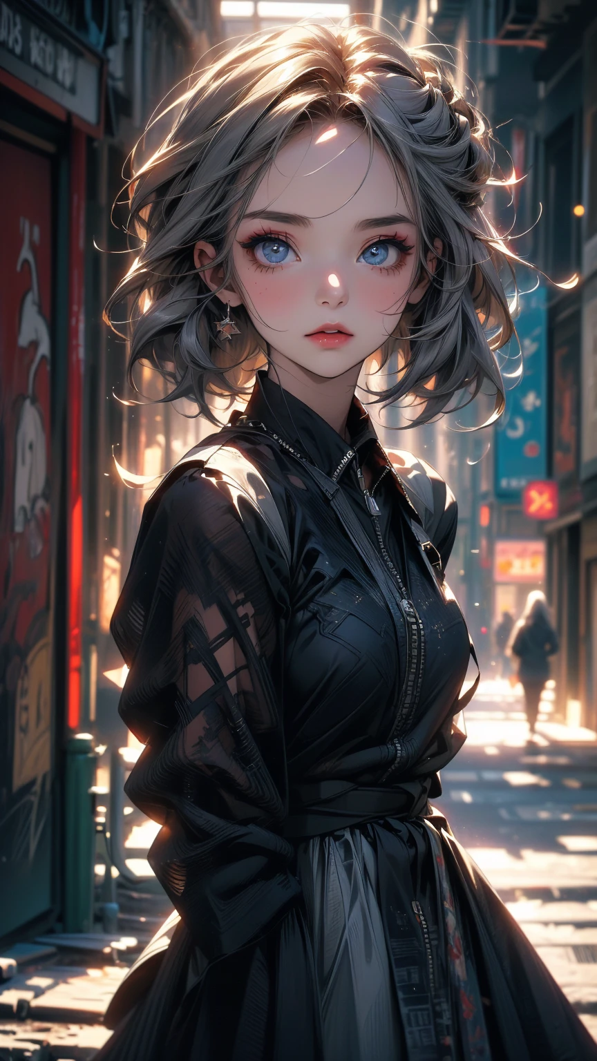 (masterpiece, High resolution, highest quality), ((20 year old woman, Composition from head to stomach, Upper body focus)), fashion pose, detailed eyes, Avant-garde makeup, messy short hair:1.2, ash gray hair, grunge fashion, blurred background, The deserted backstreets of Cuba:1.3, cinematic lighting, anime style, simple lines, digital painting,