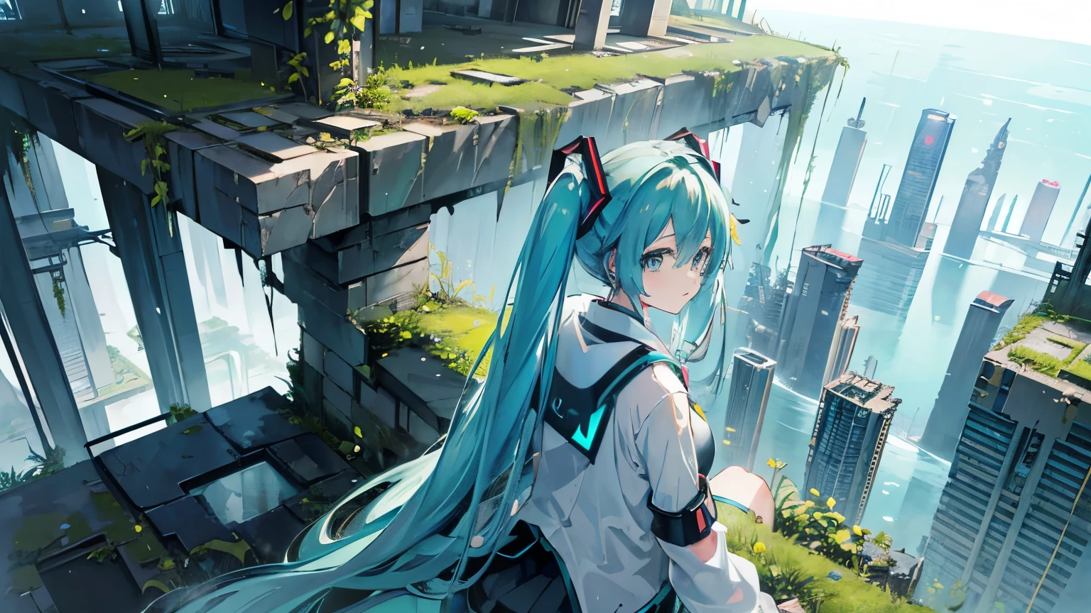 Hatsune Miku, long sleeve, Angle from above, (Dystopian ruins covered in greenery:1.2), submerged city, Panoramic,  (masterpiece), (Best Quality, 8K, High resolution), Ultra-detailed