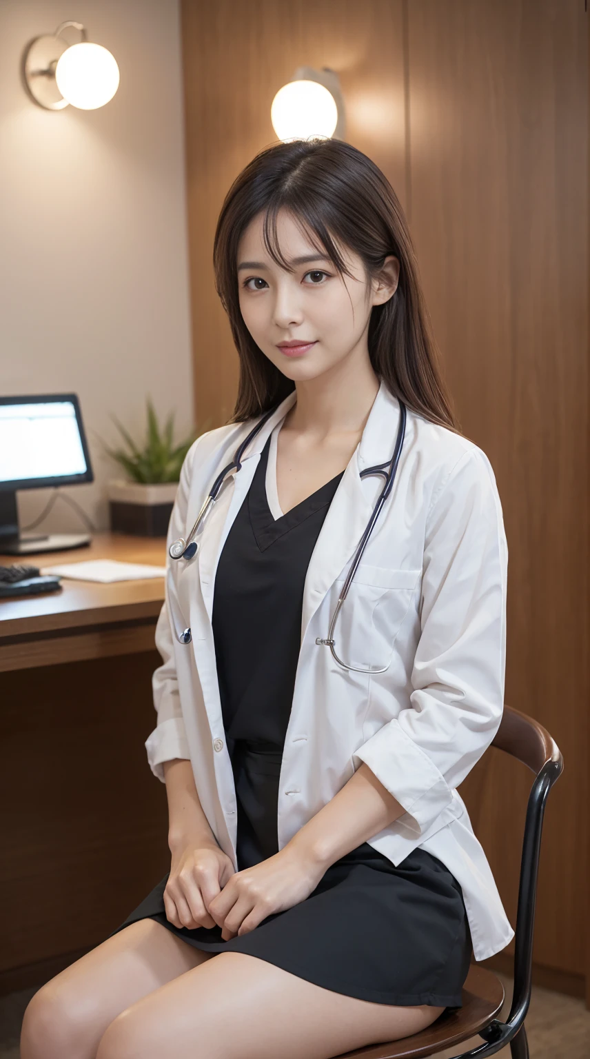 Photorealistic beautiful doctor、amazingly beautiful、doctor&#39;white clothes, collared shirt、(highest quality、8K、32k、masterpiece、nfsw:1.3)、ultra high resolution,(Photoreal:1.4),Raw photo, detailed face,,beautiful hair, ((doctor style)), , black tight skirt、 natural makeup,, big and full breasts、Inside the hospital, detailed background, perfect lighting, Depth of written boundary, beautiful shadow gradation,Stethoscope ,NSFW、Beautiful female doctor、Fall in love、Her underwear is visible、Sit in the examination chair、
