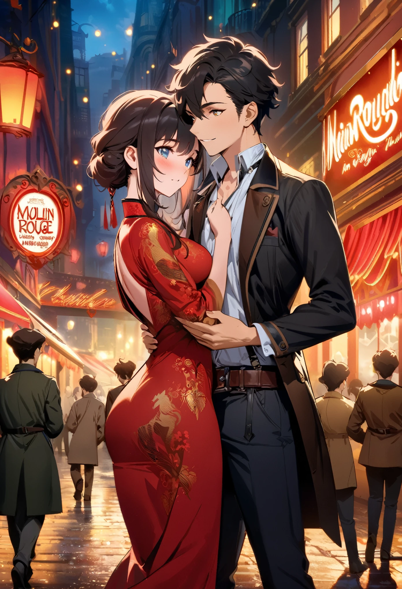 movie poster, movie artwork, concept art of love, romance novel cover, highres, top quality, best quality, perfect artwork, absurdres, perfect anatomy(couple, young 1male detective, 1woman in Chinese dress)(furry, kemono, anthro) in a city street at night, moulin rouge,