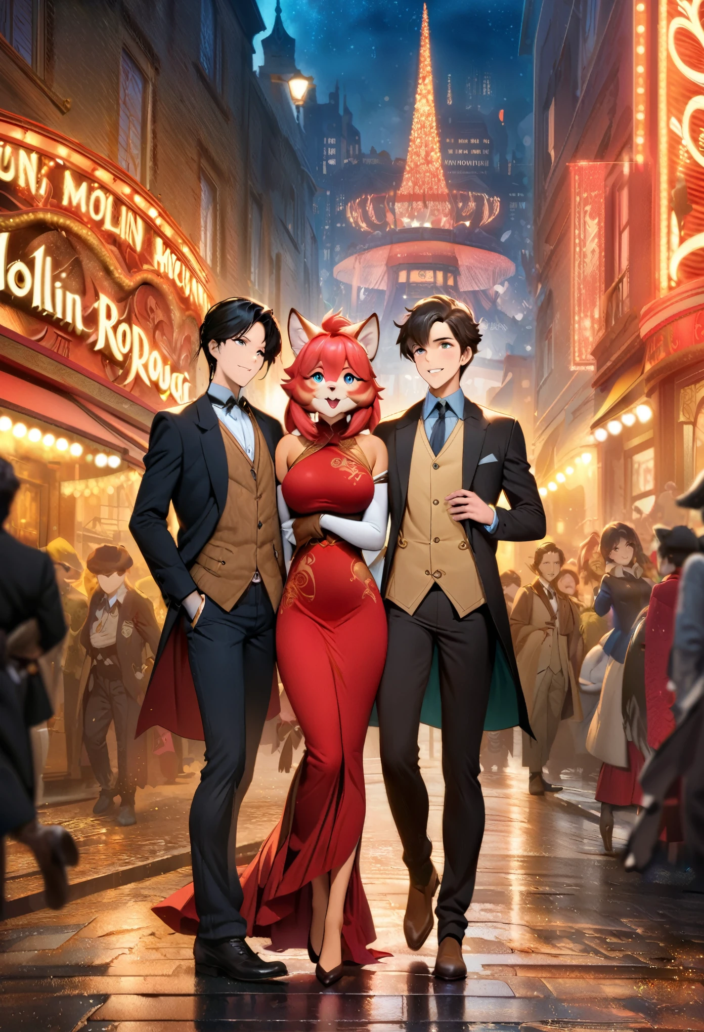 movie poster, movie artwork, concept art of love, romance novel cover, highres, top quality, best quality, perfect artwork, absurdres, perfect anatomy(couple, young 1male detective, 1woman in Chinese dress)(furry, kemono, anthro) in a city street at night, moulin rouge,