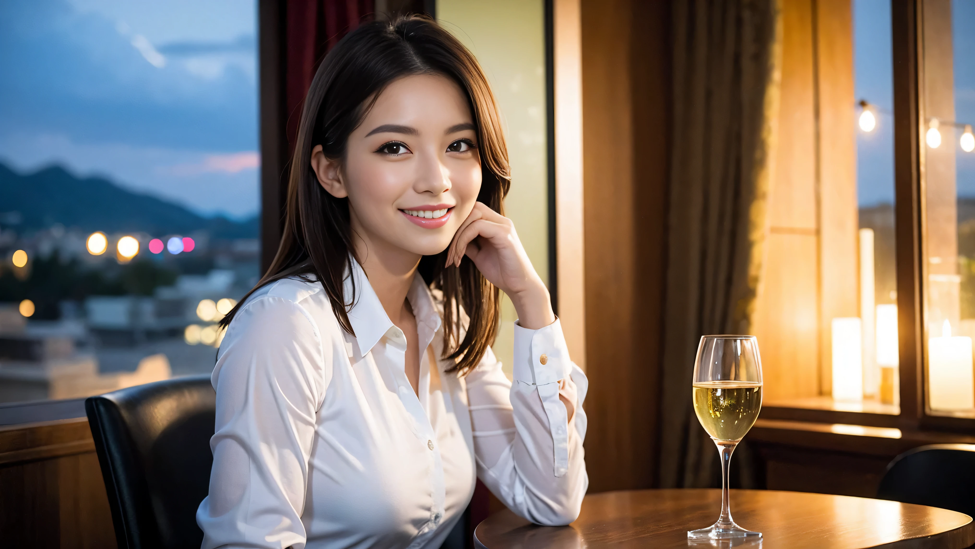((highest quality、8K、masterpiece:1.3))、sharp focus:1.2、beautiful woman perfect body:1.4、Slim body、((Bob Hale、straight hair:1.2))、(to be born, highest quality, masterpiece:1.5), (realistic, intricate details:1.2), ultra high resolution, confused,bright image、2 Wine Beauties, beautiful face, blue eyes, fine eyes, symmetrical eyes, light shines on your face, blush your nose, short hair,Spectacular view of the sunset sky and clouds、Amazing mountain views、A bright smile、A lovely woman with a smile、The woman's face is bright、fox face、lady、Wine Party、hors d'oeuvre、Italian food、2 beauties、brown hair、shortcut、long sleeve shirt、winter fashion、dress、Japanese、Englishman、Dutch、German、Belgian、Italian、French,Wine bottle、hors d'oeuvre、Champagne、sparkling wine、Pretty Woman 1, (slim face), (Because I'm slender), (brown hair), (shortcut), cheeks turn a little red, (44 years old), 42 years old, attractive beauty、, A beautiful and detailed night view spreads out outside the window.........., restaurant, sitting in a wine glass, At night, in a prominent place (from the waist up) nova frog style, actress, model, Upper body, White wine, slim, wine glass, very beautiful night view, wine glass placed in the middle, Smile, (smile: 1.15), beautiful fine eyes, Depth f/2,saturation, high contrast, strong light and shadow,moist body:1.5、3D texture、delicate eyes、brown hair、The hair is very shiny、