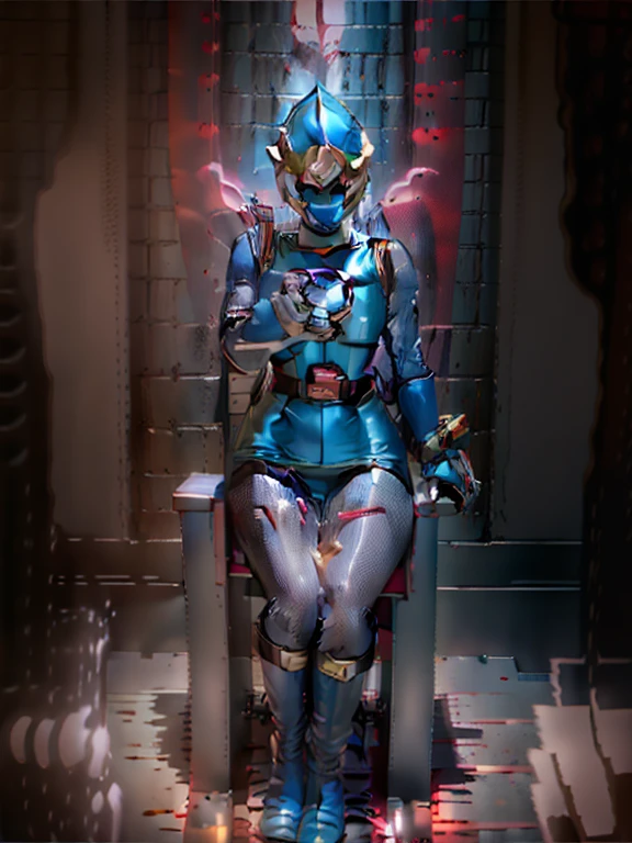 Hurricane Blue. Blue bodysuit. The sheen. Thighs and arms wrapped in silver fishnet stockings. chastity belt. heart tattoo. Do not expose skin. Latex boots and long gloves. The sheen. Pink glow. deadpan. Blue helmet.Black tattoos all over the body. Elements of evil. sit a chair. Mechanical chair. Restraint chair. Chained cords.