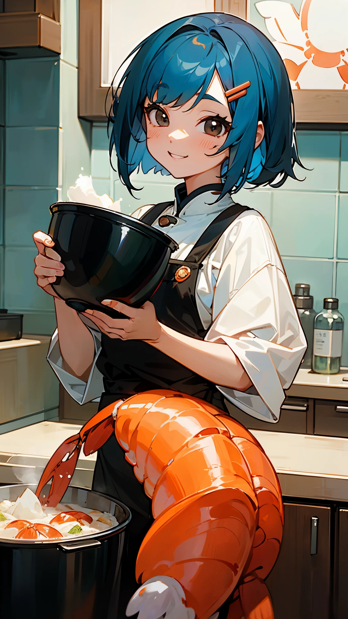 1 girl、anime painting、Cute shrimp woman cooking delicious food in the kitchen、Beautiful brown and jet black eyes、light blue hair、bob hairstyle、Orange hair clip、smile、fun、sharp outline