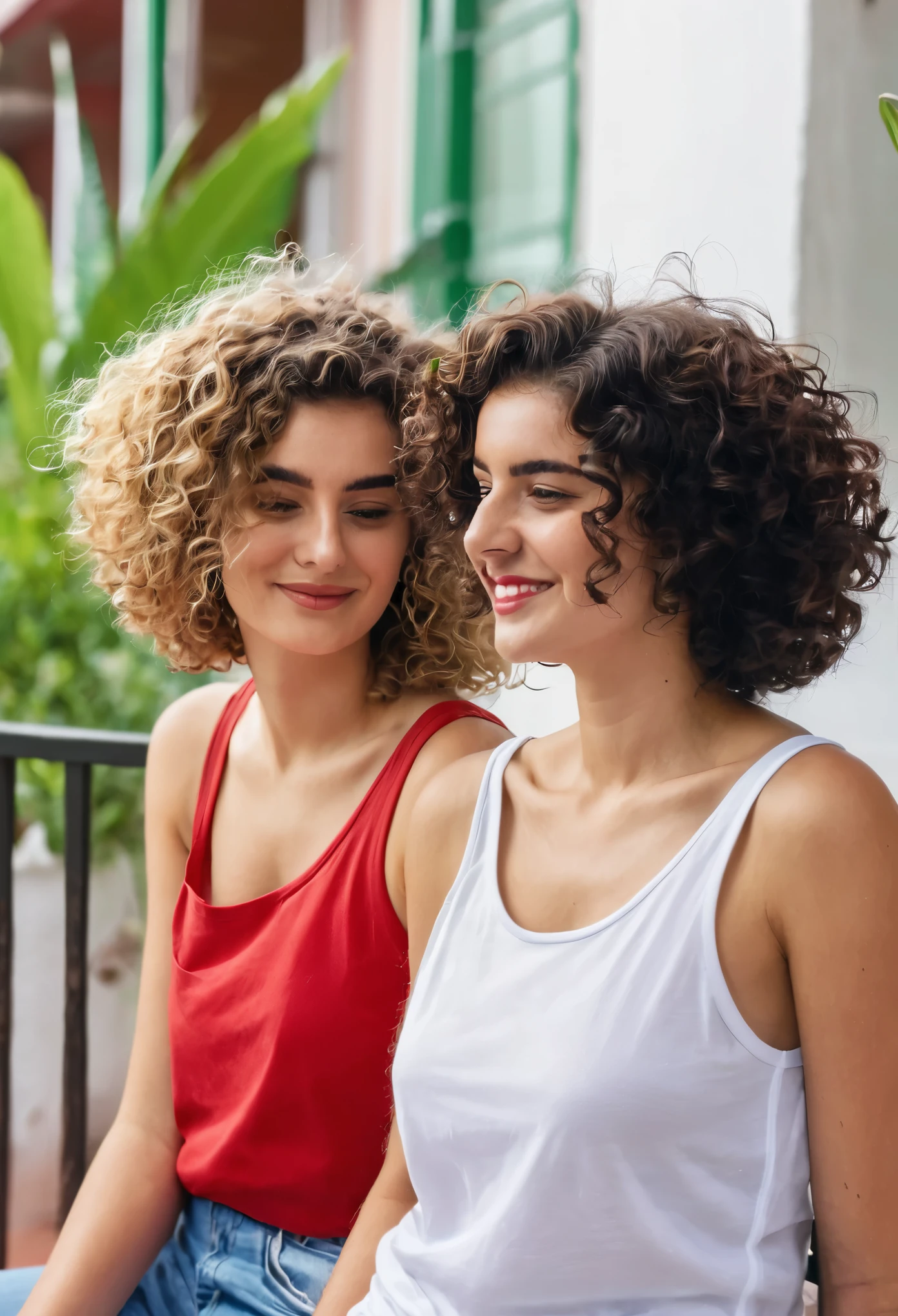Two friends sitting on the terrace one with short curly hairs and one with long curly hairs both wearing a red. Tank top