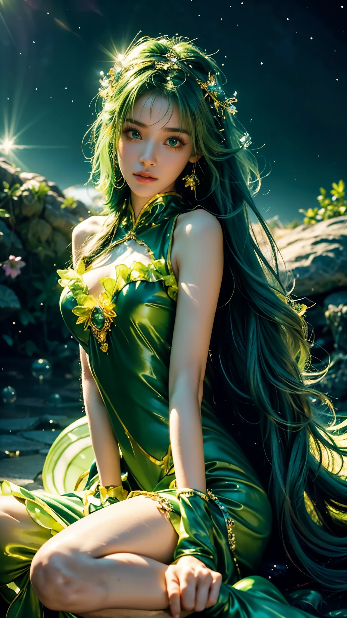 4K Ultra HD, Masterpiece, A girl with a magical aura, (good face:1.2), very Long hair, Detailed eyes, Glossy lips, ta costume, (green costume:1.5), The aura around the body, Magical effect, Spread white light, Cosmic elements and ethereal atmosphere, A mix of bright lights and colorful nebulae, universe background, Perfect body, sitting,