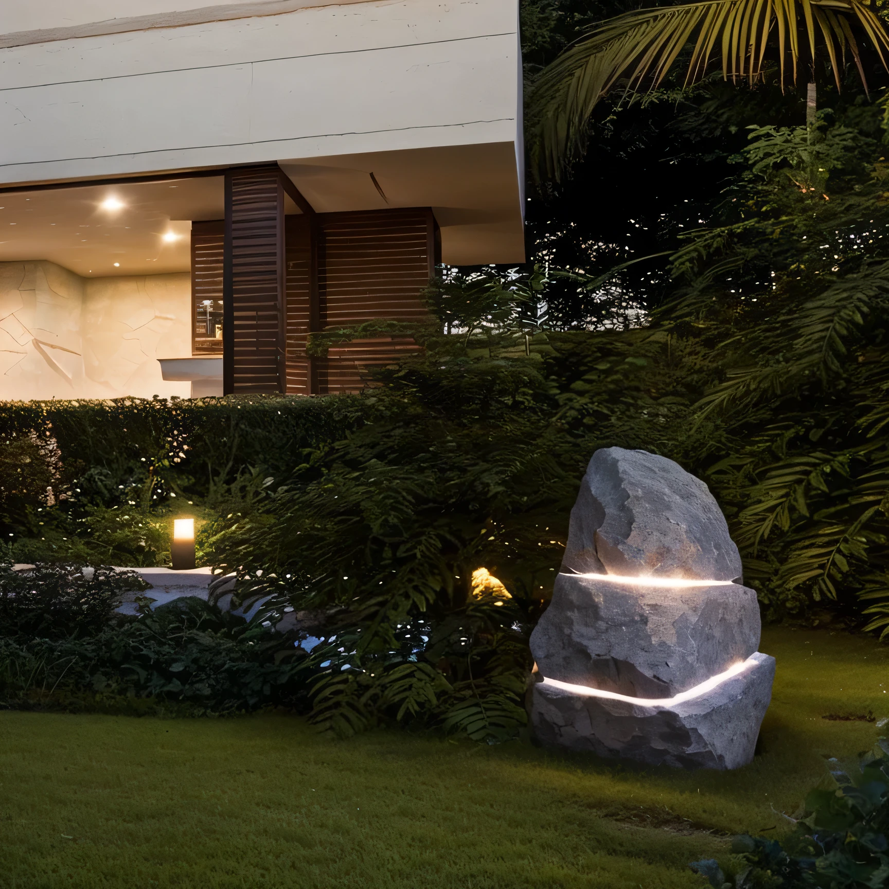 A rock is carved out and has lights embedded in the carving, surrounded by a villa garden, twilight, high quality, masterpiece, Realistic pictures