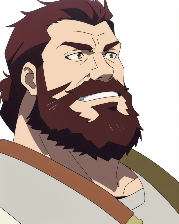 (Illustration, high resolution, best quality: 1.5, masterpiece, minimalist, whitebackground: 2, simplistic detail, anime), solo: 2, Iskandar, muscular male, adult male, armor, spartan, grinning,  upper body, half body portrait, beard,