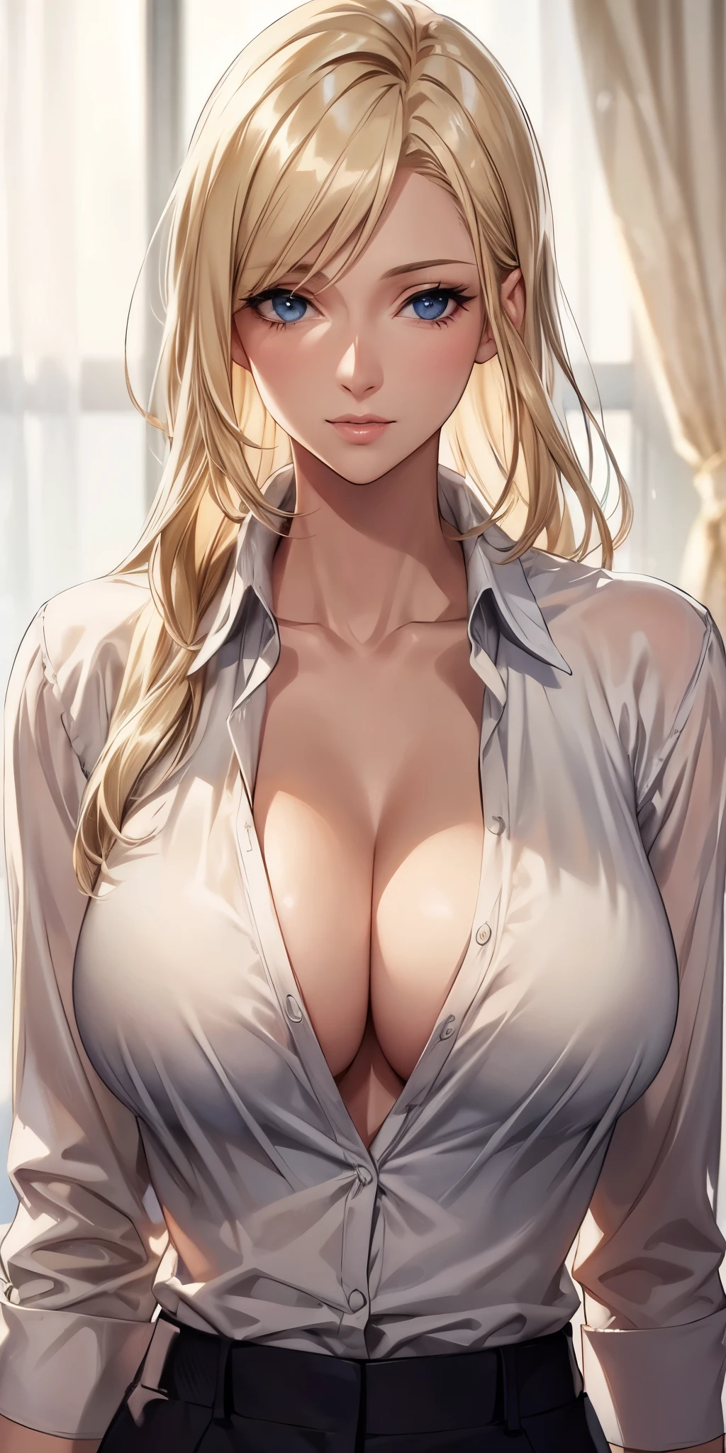 portrait, realistic, blue eyes, blonde hair, big , 4k resolution, high quality cg, beautiful cg, soft light, 