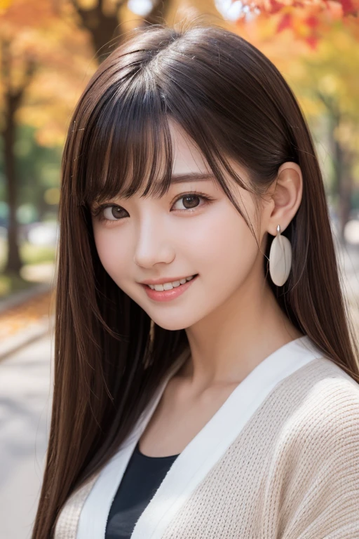 one girl, (a beauty girl, Delicate girl:1.3), (:1.3),
break, (Tree-lined avenue in autumn:1.2), (cardigan:1.2),
break, very fine resolution, (symmetrical eyes:1.3),
break, small breasts, brown eyes, parted bangs, brown hair,  girl,
break, (Eye and face details:1.0), (get closer to the face, zoom in on the face, face focus:1.0),
break, (masterpiece, highest quality, super detailed, detailed face, 8K)、From above、earrings、hair blowing in the wind、blush your cheeks、smile、white teeth、high angle、super realistic photos、Ginkgo leaves on my head