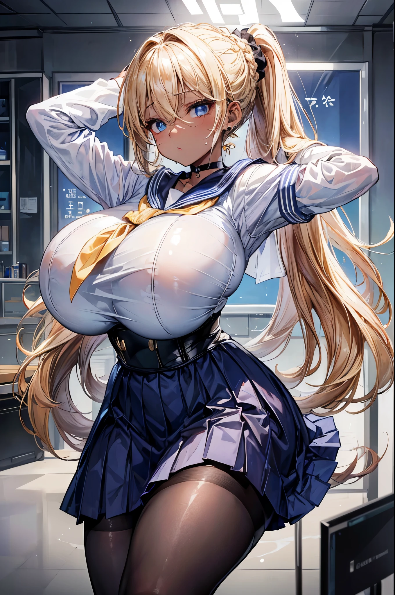 (masterpiece:1.2、highest quality、T Masterpiece)、1 female、alone、classroom、Day、stand、blonde、ponytail、blue eyes、(sailor suit:1.4)、(black skin:1.4)、big breasts、pantyhose、put your hands behind your head、corset、earrings、lipstick、mini skirt、very sweaty、choker、Scrunchie、blush、covered chest、(Show your forehead:1.2)、bangs braid